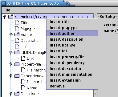 Sample contextual menu on the SOFTPKG root element